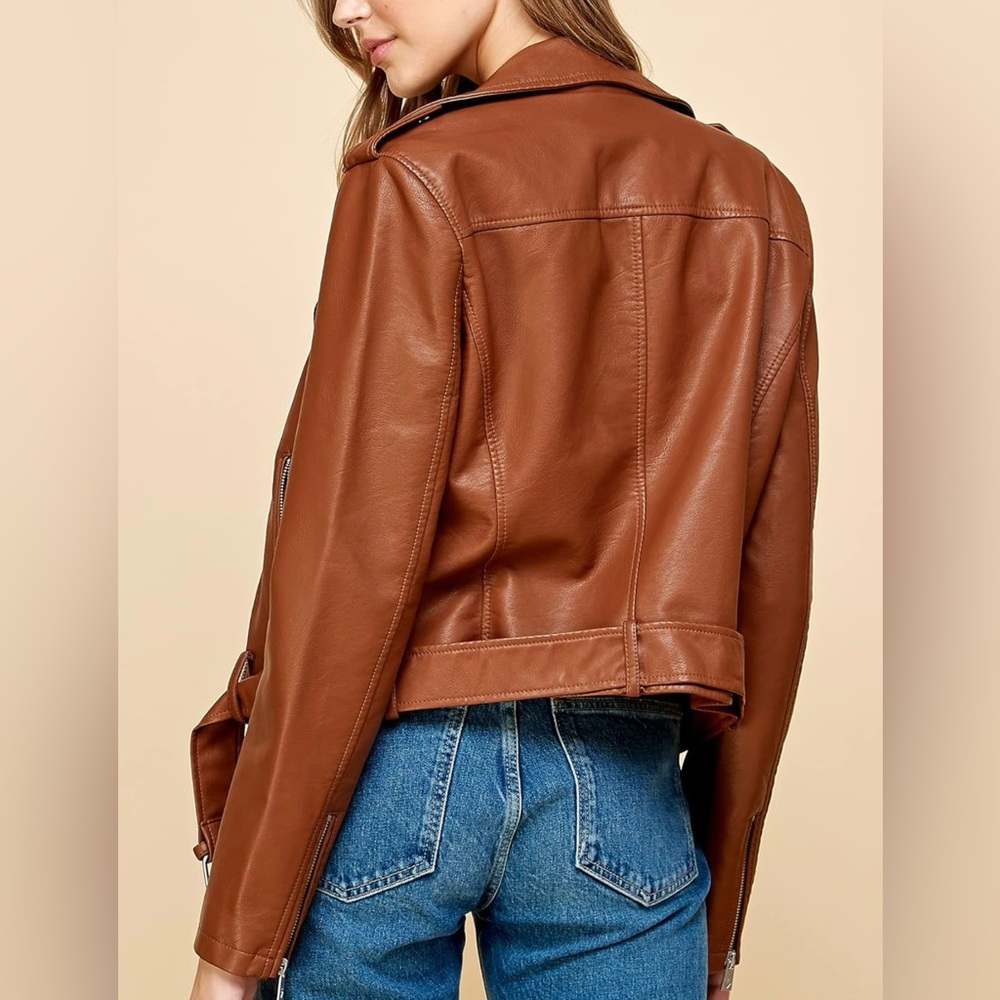 Faux Leather Zip Up Moto Biker Jacket -camel - Picture 3 of 7